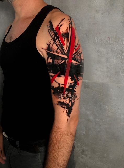 Tattoo Red And Black, Red Black Tattoo, Red And Black Tattoo, Black Red Tattoo, Street Style Art, Angel Wings Tattoo On Back, Wing Tattoos On Back, Trash Polka Tattoo Designs, Bicep Tattoo Men