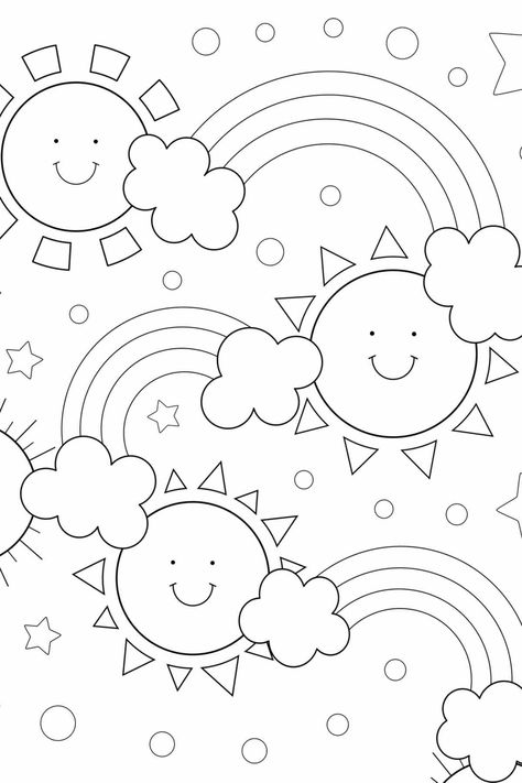 A rainbow coloring page with three rainbows, three smiling suns, six clouds and stars all around them. Your kids will love to color this page! Toddler Coloring Pages Free Printable, Rainbow Colouring Pages, Sunshine Coloring Pages, Sun Crafts For Kids, Rainbow Symbolism, Rainbow Colouring Pages Free Printables, You Are My Sunshine Coloring Page, Rainbow Coloring Sheet, Rainbow Coloring Pages Free Printable