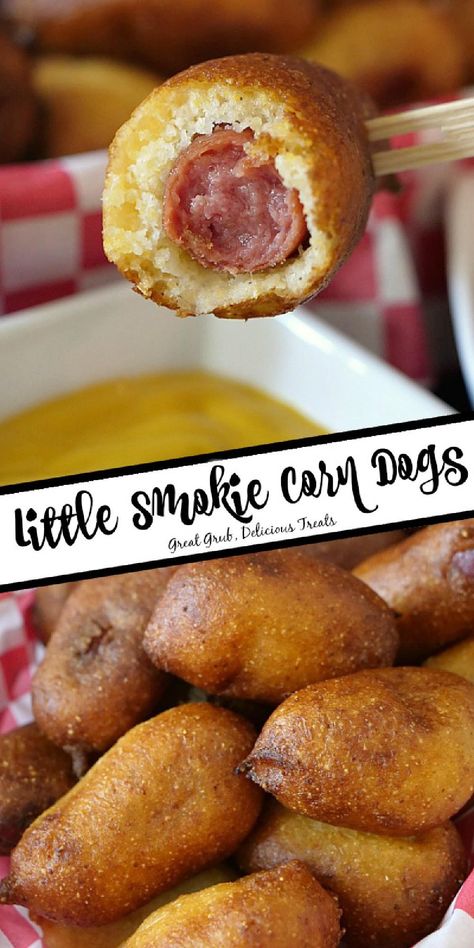 Collage of closeup shot of little smokie corn dog with bite taken out at top and closeup shot of more corn dog bites at bottom. Mini Corn Dog Bites, Mini Hot Dog Recipes Lil Smokies, Recipes Using Cocktail Weenies, Beef Smokies Recipes, Recipe For Lil Smokies, Litl Smokies Recipe, Lil Smokies Cornbread, Little Smokie Appetizer Recipes, Lit’l Smokies