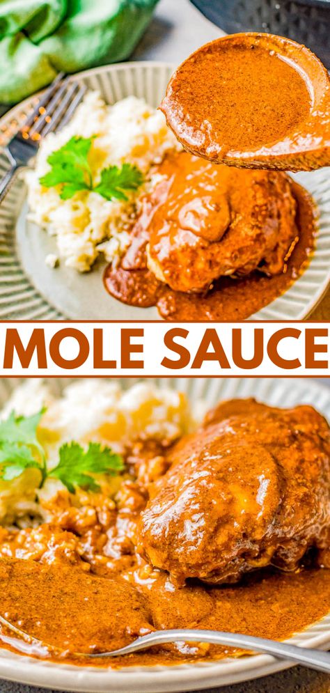 Mole Sauce - Making homemade mole is an act of love but worth every second because of the incredible depth of flavor! The combination of dried chiles, tomatoes, spices, cinnamon, chocolate, and peanut butter is absolute savory-sweet-smoky-slightly spicy perfection! Learn how to make traditional mole sauce that's so authentic tasting! Mole Recipe With Peanut Butter, Mole With Peanut Butter, Peanut Butter Mole Recipe, Homemade Mole Sauce Recipe, Chicken Mole Recipe, Mexican Mole, Mole Recipe, Peanut Butter Chicken, Chicken Mole