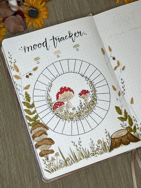 Forest Journal Page, Mushroom Journal Theme, Mushroom Journal Page, Mushroom Journal Ideas, Forest Journal Ideas, Bujo Fairy Theme, Mushroom Habit Tracker, Cottagecore Journal Ideas, Mushroom Bullet Journal Theme