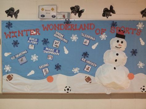 Winter Wonderland of Sports bulletin board for physical education Sports Bulletin Boards, Physical Education Bulletin Boards, Pe Bulletin Boards, Nurse Bulletin Board, Pe Board, Christmas Bulletin Boards, Christmas Boards, Book Fairs, Gym Teacher