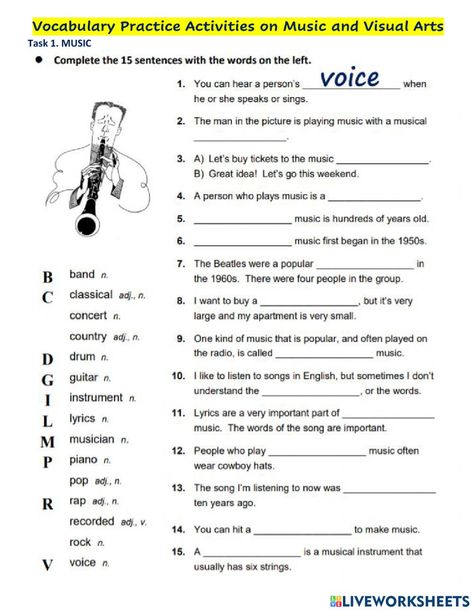 Music and Art online activity for Grade 9. You can do the exercises online or download the worksheet as pdf. Music Vocabulary Worksheet, Music Worksheets For Kids Printables, Music Class Worksheets, Music Vocabulary, Free Music Worksheets, Vocabulary Exercises, Middle School Music, English Conversation, The Worksheet