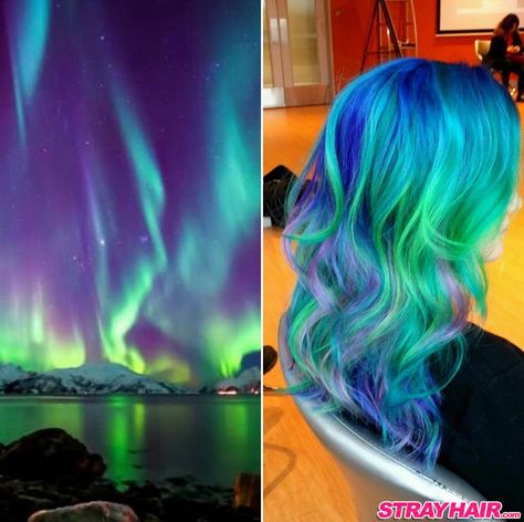 blue green purple Northern Lights Aurora Borealis super bright hair color Northern Lights Hair Color, Northern Lights Hair, Undercolor Hair, Aurora Hair, Hair Lights, Trendy We Fryzurach, Lumpy Space, Galaxy Hair, New Hair Trends