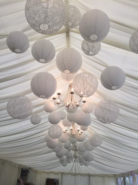 Marquee Ceiling Decoration, String Lights Outdoor Wedding, Reception Ceiling, Marquee Decoration, White Paper Lanterns, Paper Lanterns Wedding, Balloon Ceiling, Lantern Decor Wedding, Lace Lanterns