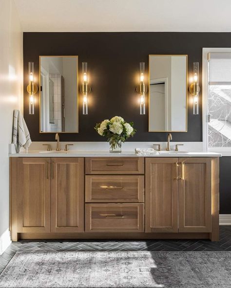 Dark Brown Bathroom Vanity Ideas, Bathroom With Walnut Cabinets, Masculine Bathroom, Basement Bathroom Remodeling, Walnut Cabinets, Basement Bathroom, Bathroom Remodel Shower, Home Upgrades, Bathroom Interior Design