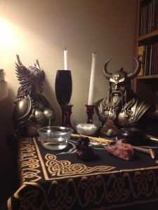 Nordic Wiccan Altar~ hail odin and give thanks for i see no ice giants these days~ Pagan Wedding Decor, Norse Pagan Altar, Pagan Alter, Celtic Ancestry, Witches Woods, Witchcraft Altar, Witch Room, Pagan Spirituality, Pagan Wedding