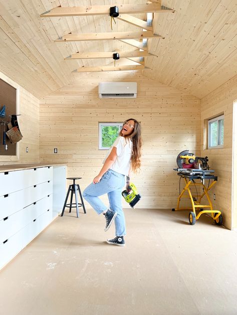 Tuff Shed Office Interior, Inside Shed Ideas Interiors, Shed Garage Ideas, Tuff Shed Interior Ideas, Shed Woodshop, Work Shed Ideas Workshop, Workshop Shed Design, Crafting Shed, Farmhouse Workshop