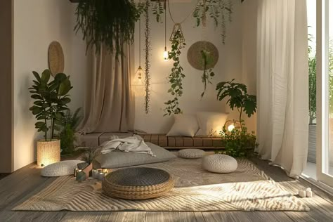 Designing Your Ideal Meditation Room: 23 Perfect Ideas %sep Zen Space Room Ideas, Meditation Corner Diy Small Spaces, Zen Meditation Room Ideas, Meditation Room Decor Ideas, Diy Meditation Space, Therapy Room Design, Spiritual Room Aesthetic, Meditation Corner In Bedroom, Unit Decor Ideas