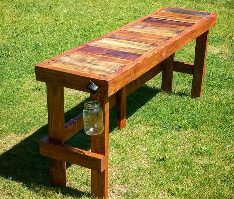 In this Instructable I'll demonstrate how to build an outdoor bar/table with a reclaimed pallet wood top. This project is relatively simple and can be completed in just a few days (with dry times for the stain and varnish). I specifically made this bar to sit next to a hot tub so it is 6 feet long, 18 inches deep, and about 30.5 inches high. (The hot tub is 76" long on one side and 31.5" high).Materials:Five 2x4x8's (green treated outdoor lumber)Two 1/2x1x8's (green treated outdoor... Diy Outdoor Bar Table, Bar Con Pallet, Diy Bar Table, Palet Bar, Hot Tub Bar, Diy Outdoor Bar, Bar Outdoor, Pallet Bar, High Top Tables