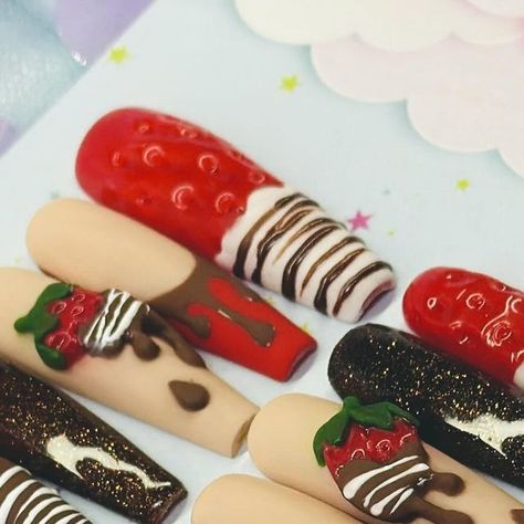 Chocolate Valentines Nails, Chocolate Covered Strawberries Nails, Chocolate Covered Strawberry Nails, Cake Nails Design, Chocolate Strawberry Nails, Candyland Nails, Cookie Nails, New Year Nails Ideas, Breakfast Nails