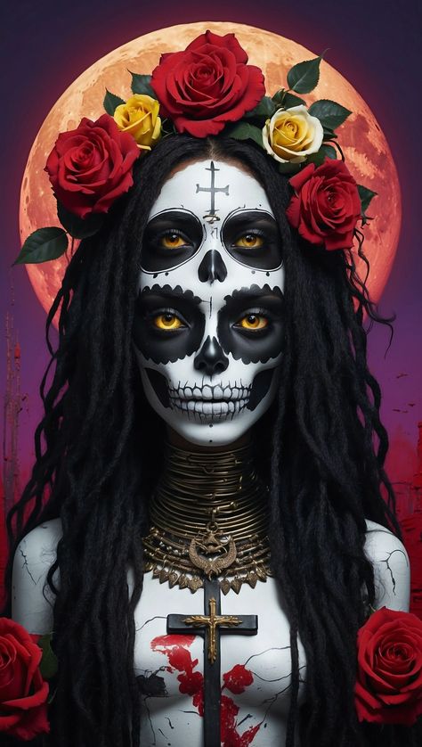 Sisters of the Cross Catrina Makeup, Creepy Halloween Makeup, Halloween Makeup Inspiration, Colorful Skulls, Sugar Skulls, A Cross, Gothic Art, Beautiful Fantasy Art, The Cross