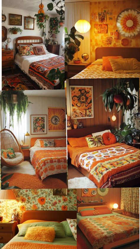 Floral green yellow orange retro vintage 70s bedroom Flower Power Bedroom, 70s Bedroom, Orange Retro, Yellow Orange, Green Yellow, Vintage 70s, Flower Power, Retro Vintage, Orange