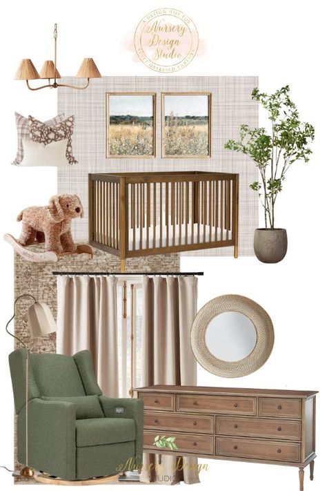 Gender neutral nursery with cream and green hues Woodsy Nursery Gender Neutral, Green And Neutral Nursery, Gender Neutral Colorful Nursery, Gender Neutral Paint Colors, Gender Neutral Nursery Paint, Transitional Nursery Ideas, Neutral Vintage Nursery, Vintage Nursery Ideas Neutral, Vintage Gender Neutral Nursery