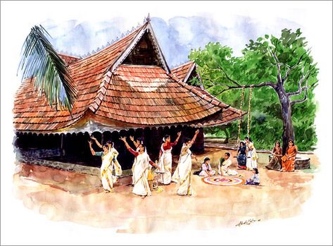 Thiruvathira kali | Watercolor - (Sold out) | Watercolor on … | Flickr Onam Festival Painting, Onam Painting, Onam Festival Drawing, Onam Drawing, Farewell Theme, Onam Images, Kerala Beauty, Beautiful Watercolor Paintings, Onam Wishes