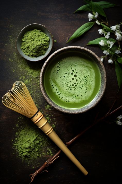 Traditional stone-ground matcha tea in an authentic bowl, an homage to the ceremonial art form and the Zen-like ambiance it creates. Samurai Wisdom, Matcha Traditional, Matcha Moodboard, Matcha Drink Aesthetic, Matcha Photography, Matcha Ideas, Matcha Green Aesthetic, Matcha Branding, Matcha Ceremony