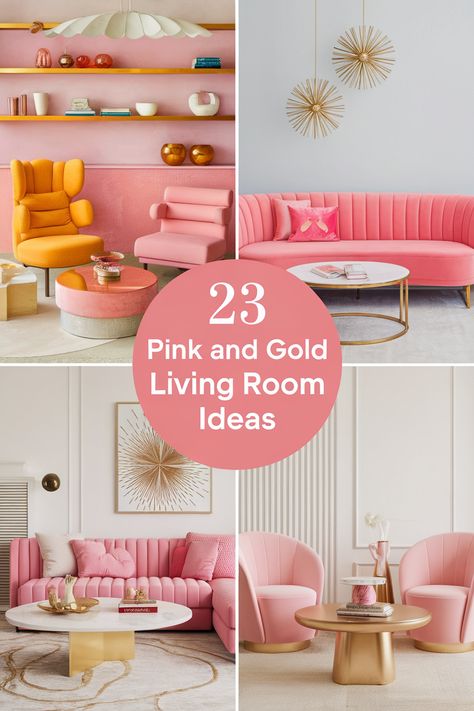 Pink and gold living room decor blends soft elegance with glamorous accents. Discover blush pink sofas, gold coffee tables, and metallic throw pillows. Explore pink accent walls, gold-framed artwork, and rose gold lighting fixtures. Find inspiration for pink and gold area rugs, velvet curtains, and gilded decorative objects. Create a chic and inviting living space that balances femininity with luxury. Blush And Gold Living Room, Living Room With Pink Couch, Pink Sitting Room Ideas, Pink Chairs Living Room, Pink Living Room Aesthetic, Pink And Gold Living Room, Gold Living Rooms, Pink Sofa Living Room Ideas, Living Room With Gold Accents