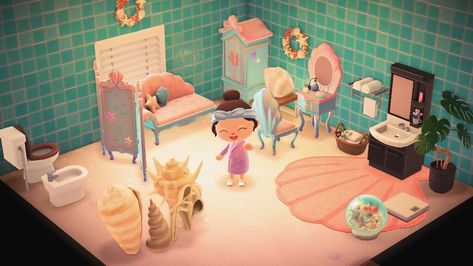 Acnh Mermaid Bathroom, Candlelit Bathroom, Animal Crossing Mermaid, Acnh Bathroom Ideas, Acnh Mermaid, Mermaid House, Cherry Blossom Bonsai Tree, Acnh House, Sea Bathroom