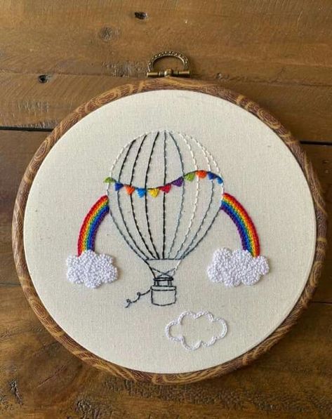 Punch Needle Hot Air Balloon, Hot Air Balloon Embroidery Design, Embroidery Air Balloon, Run Stitch Embroidery Design, Cute Embroidery Design, Embroidery Running Stitch Designs, Chain Stitch Embroidery Design Pattern, Satin Embroidery Designs, Back Stitch Embroidery Design