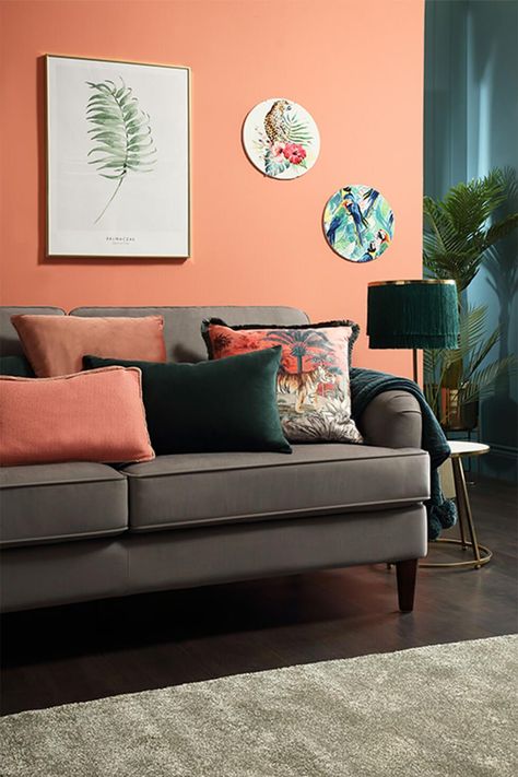 Pink Orange Grey Living Rooms, Coral Lounge Living Rooms, Bright Colour Lounge Ideas, Peach Living Room Walls Colour Palettes, Peach Accent Wall Living Room, Peach Living Room Decor Ideas, Grey And Coral Living Room, Peach And Brown Living Room, Peach Wall Living Room