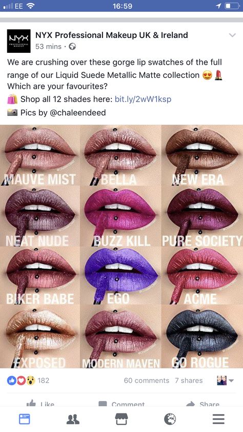 NYX make-up - Liquid Suede Metallic Matte collection - lip colours Nyx Liquid Suede, Makeup Jobs, Perfect Lip Color, Lip Colours, Clinique Lipstick, Metallic Lipstick, Lipstick Shade, Rose Lipstick, Lip Swatches