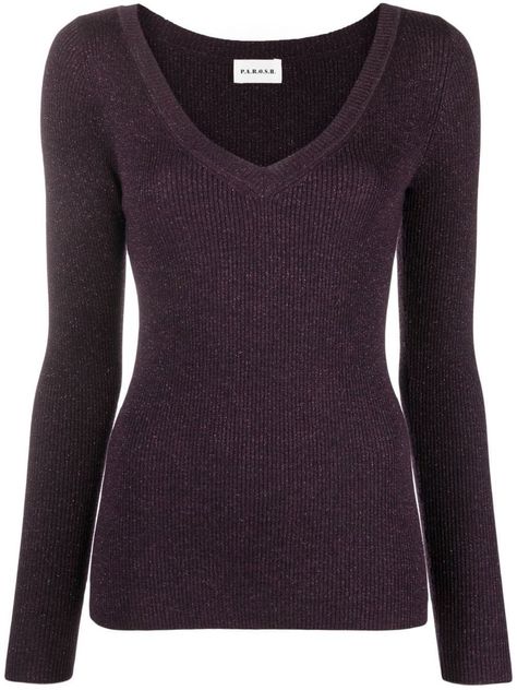 Dark purple wool blend glittered jumper from P.A.R.O.S.H. featuring ribbed knit, glitter detailing, V-neck, long sleeves and straight hem.Gender: WomenMaterial: 73%WOOL 27%POLYESTERColor: FANTASIA MOSTOMade in: ImportedProduct ID: D511583LOULUX894*Import tax/duty will be calculated at checkout (If applicable) Dark Purple Long Sleeve Top, Dark Purple Clothes, Apocalypse Clothes, Dark Purple Top, Apocalypse Clothing, Dark Sweater, Purple Jumpers, Fall Winter Fashion Trends, Outfit Pieces