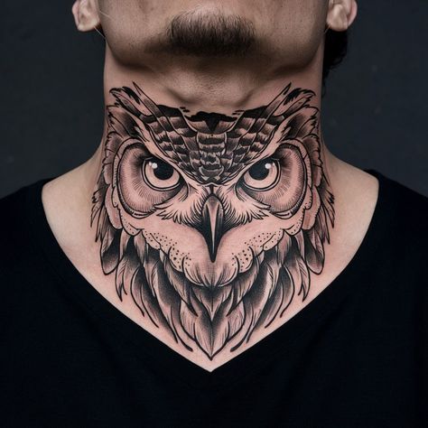 Owl Tattoo For Neck, Owl Back Tattoo Men, Front Of Neck Tattoo Men, Neck Owl Tattoo, လည်ပင်း Tattoo, Men Tattoo Neck, Owl Chest Tattoo Men, Best Neck Tattoos Men, Tattoo Neck Ideas