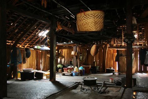 Interior of a traditional house in the village of Holoung, Shan state, Myanmar / Burma | Flickr - Photo Sharing! Old Wooden House Interior, Village Living Room, Shan State Myanmar, Garden Tools Decor, Bamboo Village, Interior Reference, Shan State, Wooden Hut, Vietnamese History