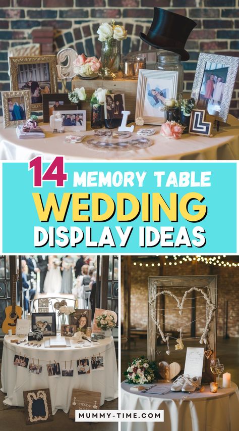 Honor the memories that matter on your wedding day with unique display ideas for your memory table! Discover creative arrangements that tell your love story and pay tribute to family. Your guests will adore the thoughtful details. 💕🌿 Save this pin for your big day! Memory Wall For Wedding, Photos On Tables At Wedding, Displaying Pictures At Wedding, Wedding Photo Table Ideas, Table Of Honor Wedding, Wedding Memory Table Ideas Display, Memorial Table Wedding Display, Memory Ideas For Wedding, Remembrance Table Wedding