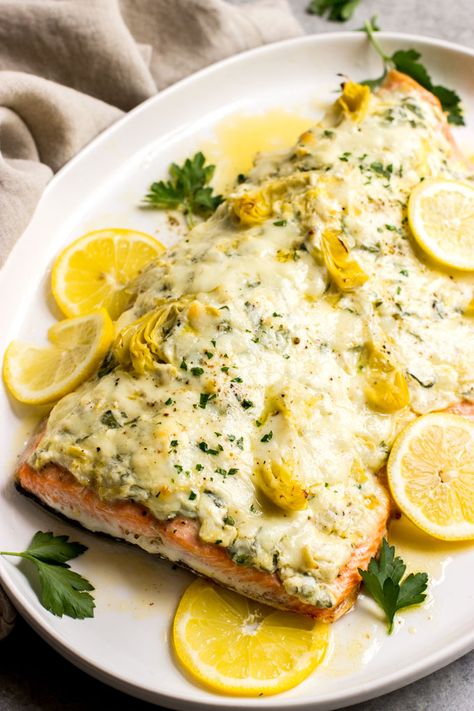 Dietary Recipes, Maple Mustard Salmon, Artichoke And Spinach, Oven Roasted Salmon, Salmon Spinach, Weekend Dinner, Spinach Artichoke Dip, Creamy Spinach, Roasted Salmon