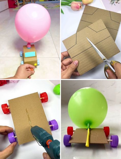 Easy and Fun Recycle Material Craft Ideas | balloon, cardboard, craft | DIY Balloon and Cardboard Activities for Kids :) | By Activities For Kids | Facebook | Everybody, look at this car. Let's make it. We are going to cut the shape from cardboard and paste all of them together and make a shape of car. Then we are going to make its wheel using straw and cab bottle. Then we are going to add details, put a balloon in the top and it is ready. Thank you so much for watching this video. We are going Cardboard Activities For Kids, Cardboard Activities, Creative Curriculum Preschool, Balloon Car, Recycle Material, Stem Activities Preschool, Truck Crafts, Balloon Cars, Cardboard Car