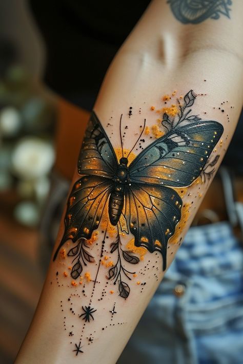 Sunflower Trash Polka Tattoo, Halloween Butterfly Tattoo, Butterfly Trail Tattoo, Butterfly Tattoo With Color, Butterfly Tattoo Sleeve, Tattoo Designs Butterfly, Tattered Butterfly, Frangipani Tattoo, Beautiful Spine Tattoos