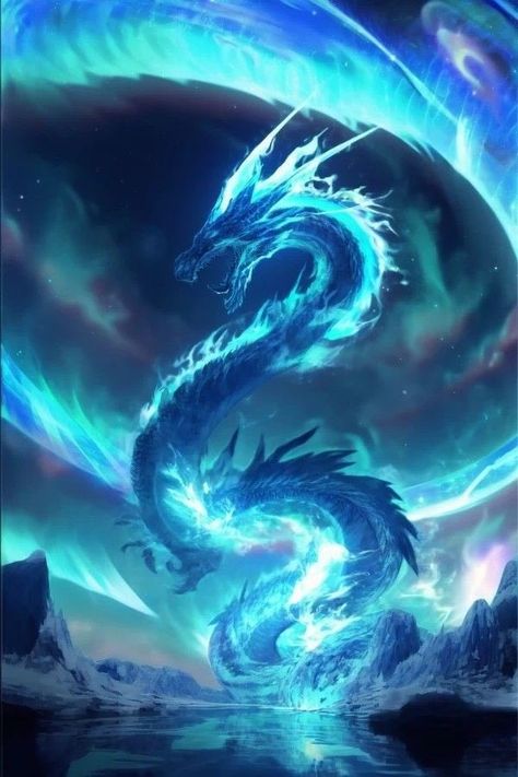 Ice Dragon Fantasy Art, Water Dragon Aesthetic, Blue Flame Dragon, Ice Dragon Art, Water Dragon Art, Blue Fire Dragon, Ocean Dragon, Air Dragon, Galaxy Dragon