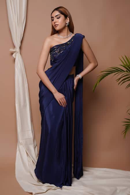 Navy Blue One Shoulder Dress, Pre Draped Saree, Navy Blue Saree, Saree Jackets, Draped Saree, Simple Saree Designs, Indian Drama, One Shoulder Neckline, Indian Look