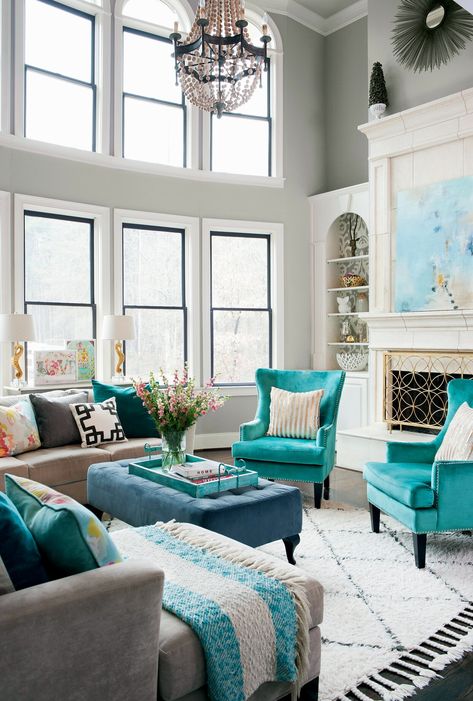 Rustic Living Room Colors, Blue Living Room Color, Neutral Living Room Colors, Turquoise Furniture, Living Room Turquoise, Furnitur Ruang Keluarga, Living Room Furniture Layout, Haus Am See, Living Room Furniture Arrangement