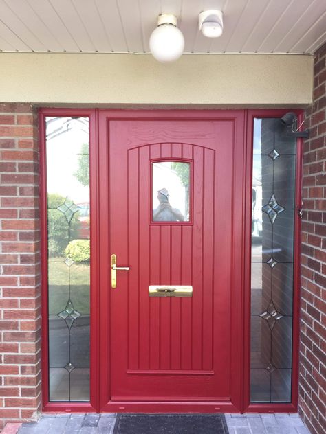 Brick House Front Door Colors, Palladio Doors, Door With Handle, Door With Sidelights, Door Colors, Pvc Door, House Door, Door Design Modern, House Front Door