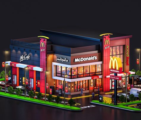 3d McDonalds on Behance Mcdonalds Exterior, Mcdonalds Layout, Restaurant Concept Art, Minecraft Stores Ideas, Bloxburg Towns, Form Concept, Room Arrangement Ideas, Commercial Building Plans, Restaurant Exterior Design