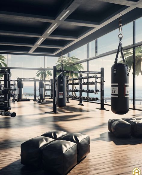 Kickboxing Gym Design, Black At Home Gym, Basement Luxury, Glass House Design, Dream Home Gym, Luxury Gym, Nyc Interior Design, Gym Room At Home, Contemporary House Exterior