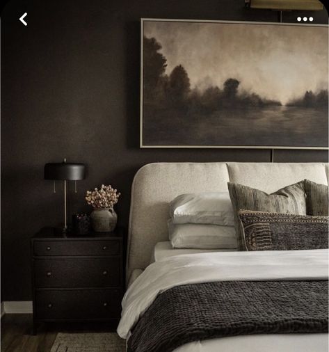 Sw Peppercorn Paint Master Bedrooms, Dramatic Guest Bedroom, Dark Classy Bedroom, Dark Bedroom Modern, Dark Headboard Bedroom Decor, Deep Green Living Room, Cozy Master Bedrooms Decor Romantic, Moody Modern Bedroom, Moody Guest Bedroom