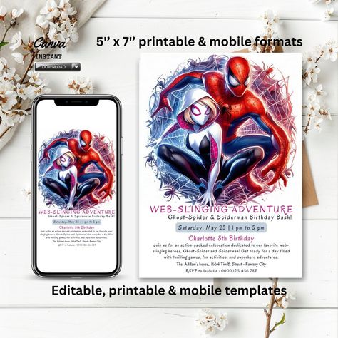 🕸️ Get ready to swing into action with our Editable Ghost-Spider Birthday Invitation Template! 🕸️ Perfect for a Spider-Gwen or superhero-themed birthday party, this customizable Canva template lets you edit text, colors, and fonts with ease. 🎨 Download instantly and create the perfect invite for your special event—whether you print or share digitally! 🕷️ Available now in our Shopify store. Make your child’s birthday super memorable with a unique and fun invitation! 🎉 https://once-upon-a-fac... Superhero Party Invitations, Fun Invitation, Superhero Invitations, Birthday Invitations Diy, Ghost Spider, Fun Invitations, Superhero Birthday Party, Spiderman Birthday, Birthday Invitation Template