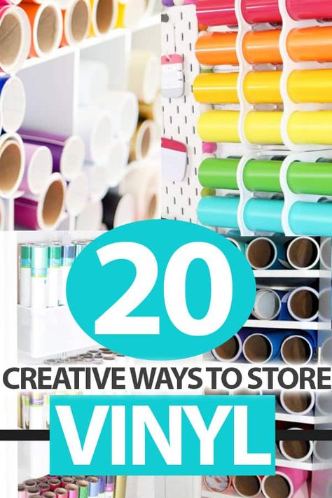 20 creative ways to store your vinyl Vinyl Cricut Storage, Storage Ideas For Cricut Vinyl, Htv Vinyl Storage, Adhesive Vinyl Storage, Vynil Roll Storage, Vinyl Rolls Storage Ideas, Diy Htv Vinyl Storage, Silhouette Storage Ideas, How To Store Vinyl Sheets