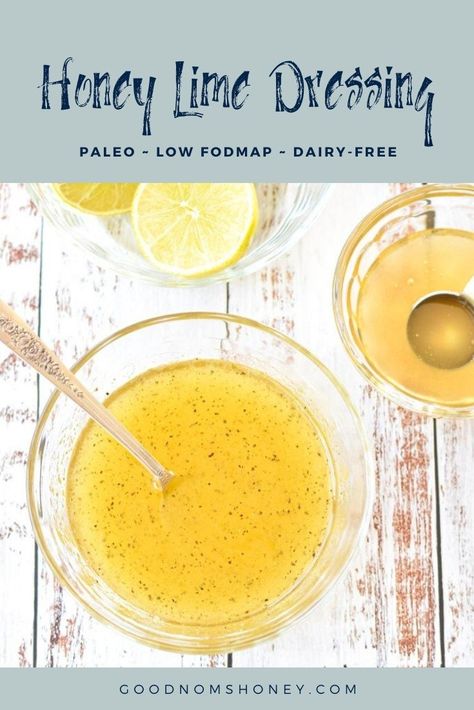 This 6-ingredient Honey Lime Dressing brings the perfect balance of sweetness and tang to your favourite salads! Paleo and Low FODMAP. #goodnomshoney #honeylimedressing #honeylimevinaigrette #saladdressing #condiments #paleo #lowFODMAP #summerrecipes Low Fodmap Dressing, Honey Lime Salad Dressing, Fodmap Condiments, Honey Lime Dressing Recipe, Fodmap Salad, Paleo Low Fodmap, Dairy Free Salad Dressing, Lime Salad Dressing, Honey Lime Vinaigrette