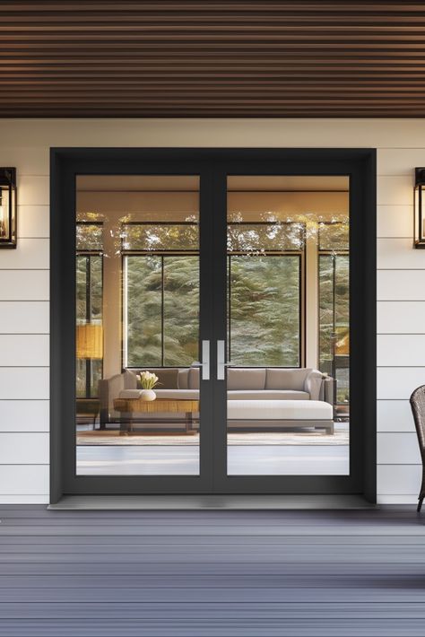 Swing into Durability and Premium Quality with Fiberglass! The MASTERGRAIN FC Collection Rail & Stile fiberglass patio door is the only fully constructed pultruded fiberglass swinging patio door made in Canada and is available to order now! Patio Front Door Entrance, Sliding Glass Door Outdoor, Glass Wall Door Patio, 9 Foot Patio Door, Back Door Sliding Door Ideas, Patio Slider Doors Ideas, Black French Patio Doors, Backyard Doors Ideas Patio, Replacing Sliding Glass Doors Patio