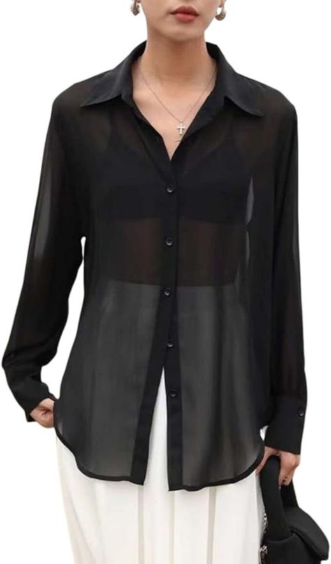 Arssm Sheer Button Up Blouse Mesh Shirt Women Long Sleeve Sexy See Through Top Fashion Black Trendy Mesh Blouse Tops(Black-S) at Amazon Women’s Clothing store Basic Blouse, Basic Blouses, Mesh Blouse, Mesh Shirt, Casual Long Sleeve Shirts, Blouse Tops, Long Sleeve Knit Sweaters, Button Up Top, Loose Shirts