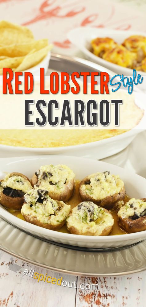 Escargot Stuffed Mushrooms Red Lobster Style Escargot Stuffed Mushrooms, Lobster Escargot, Lobster Artichoke Dip, Crab Stuffed Mushroom Caps, Restaurant Starters, Lobster Appetizers, Escargot Recipe, Shrimp Scampi Linguine, Butter Garlic Sauce