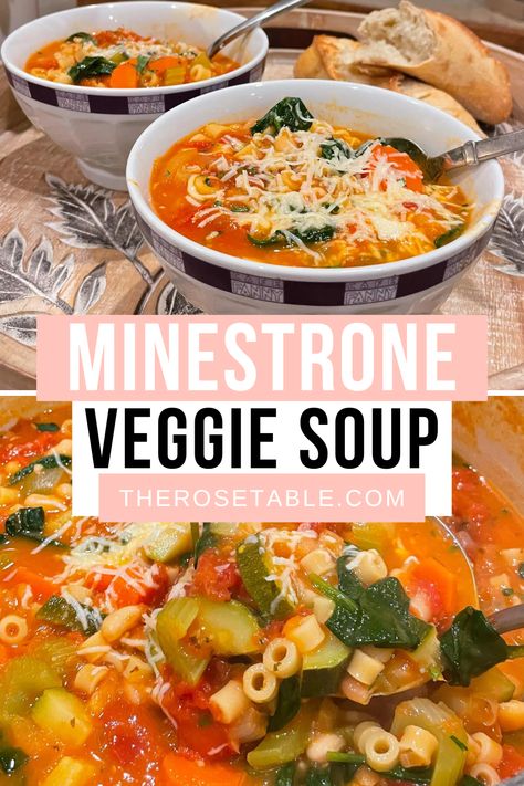 Easy Minestrone Soup is so good for you! It's full of vegetables and flavor. Whole 30 Minestrone Soup, Simple Vegetable Soup Recipe, Homemade Minestrone Soup, Healthy Veggie Soup, Provolone Cheese Recipes, Recipe With Celery, Easy Minestrone Soup Recipe, Easy Minestrone Soup, Crockpot Minestrone