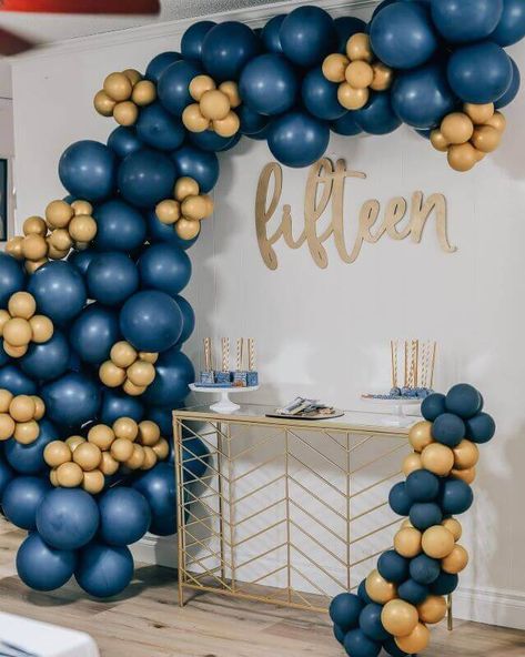 Upgrade your 15th birthday celebration with a fantabulous dessert table setup using top notch decor accessories. Arrange your yummy confections over stylish white cake stands and adorn them with chic paper straws to add a glamorous appeal to your display. Moreover, accentuate your backdrop wall with a charming balloon garland created with gold and navy blue balloons for a magical appeal. Navy Blue Balloons, Birthday Dessert Table, Event Decor Ideas, Party Decorations Table, Balloons Cake, Dessert Table Birthday, Birthday Dessert, Backdrop Wall, Dessert Table Decor