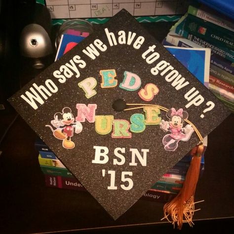 Graduation cap idea for future pediatric nurses! I'm so happy with how it turned out! Pediatric Nurse Grad Cap, Peds Nurse Graduation Cap, Nurse Grad Cap Ideas, Nurse Graduation Cap Designs, Graduation Cap Decoration Nursing, Peds Nursing, Grad Cap Ideas, Nurse Graduation Cap, Nurse Decor