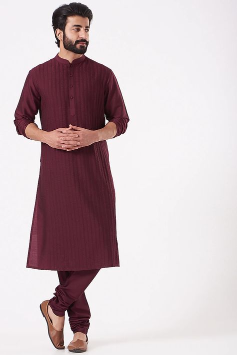 Deep Purple Embroidered Kurta Set Design by Abhishek Gupta Men at Pernia's Pop Up Shop 2022 Pajama Men, Kurta Pajama Men, Kurta Men, Kantha Embroidery, Magenta Color, Indian Fashion Designers, Pernia Pop Up Shop, Churidar, Kurta Set