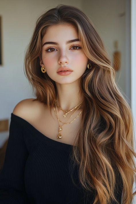 Woman with long wavy hair wearing a black off-shoulder top and layered necklaces. Brown Skin Girl Hair Color Ideas, Brown Hair For Green Eyes, Skin Lighting, Different Hair Color Ideas, Hair Color For Warm Skin Tones, Trendy Hair Color Ideas, Caramel Hair Color, Girl Hair Colors, Hair Color Caramel